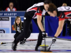 Ontario skip Rachel Homan, calls the sweep as she takes on Newfoundland and Labrador during the Scotties Tournament of Hearts in St. Catharines, Ont., on Wednesday.