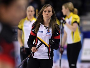 Ontario skip Rachel Homan takes on Manitoba during the Scotties Tournament of Hearts in St. Catharines, Ont., on Thursday. Homan suffered her first loss of the event, 9-5 to Michelle Englot's rink.