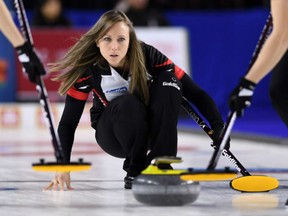 Ontario skip Rachel Homan watches her shot against Northern Ontario in the semifinal of the Scotties Tournament of Hearts in St. Catharines, Ont., on Saturday night. Homan advanced to face Manitoba in Sunday's final.