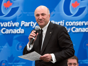 Conservative leadership candidate Kevin O'Leary at Monday's debate in Montreal. “Mon français devient mieux chaque jour,” he told the audience.