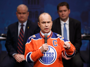 Rick Peterson plays to the home crowd at the Conservative leadership debate in Edmonton on Tuesday, Feb. 28.