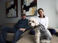 Jon Dunnill, left, and his sister in-law Addy Amaral pose for a photograph with his dog Mila in Toronto on Thursday, February 3, 2017. Dunnill wants justice for April, his 12-year-old Havanese dog that was killed by a neighbour's dog that he says was a pit bull - a breed banned in Ontario.