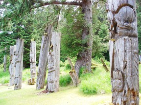 The ruins of the Haida village of Ninstints, abandoned after a smallpox epidemic in the 1880s. When George Vancouver first came to the Strait of Georgia, a 1782 smallpox epidemic had littered the area with abandoned, overgrown villages.