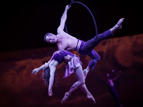 Husband-and-wife aerialists Nicolo Kehrwald (top) and Jacki Ward Kehrwald (bottom) get to perform together at Odysseo.