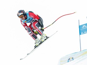 Canada's Erik Guay won the men's super-G at the world championships in in St. Moritz, Switzerland, on Wednesday at the age of 35.