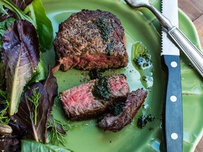 A pop of herb-infused green olive oil brightens up that perfect little filet.