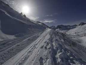 A view of the site of an avalanche at Lavachet Wall in Tignes, France, Tuesday, Feb.14, 2017. Four snowboarders died in an avalanche Monday near the French Alps resort of Tignes, according to local officials who did not expect the death toll to rise.