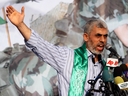 Freed Palestinian prisoner Yehiya Sinwar, a founder of Hamas' military wing and now its new leader, talks at a Gaza Strip rally in 2011.