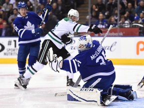 Maple Leafs goalie Curtis McElhinney makes a save against the Dallas Stars during first period action in Toronto on Tuesday night.