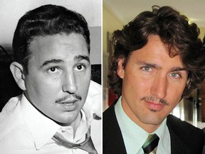 Right, Justin Trudeau models his Movember moustache. On the left, Fidel Castro during a 1955 visit to New York City.