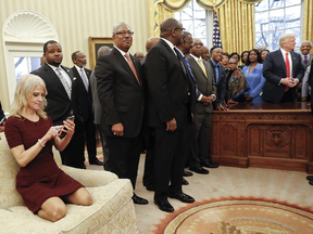 President Donald Trump, right, meets with leaders of Historically Black Colleges and Universities (HBCU) in the Oval Office of the White House in Washington, Monday, Feb. 27, 2017