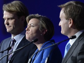 Kellie Leitch ponders a response during a Conservative Party leadership debate with Chris Alexander, Andrew Saxton and Erin O'Toole at the Manning Centre conference, on Friday, Feb. 24, 2017 in Ottawa.