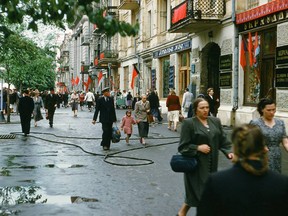 An extremely rare colour image of a Moscow street in the mid-1950s.