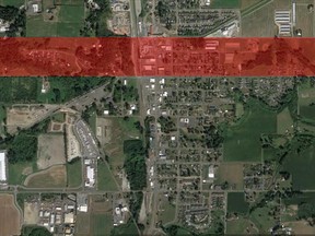 A satellite view of Sumas, Washington. Everything in the red strip is a portion of Sumas that should technically have been Canadian territory.