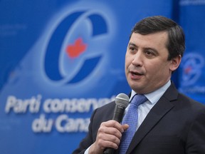 Candidate Michael Chong addresses a Conservative Party leadership debate Monday, February 13, 2017 in Montreal