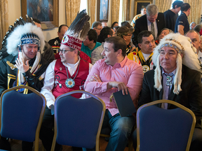 Friends and relatives gather in Halifax on Thursday as the Nova Scotia government pardoned and honoured Gabriel Sylliboy, a late Mi'kmaq grand chief, decades after he was convicted of illegal hunting.