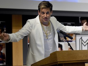 Milo Yiannopoulos, the Breitbart editor known for inflammatory remarks about women and Muslims, speaks on campus at the University of Colorado in Boulder, Colo. Jan. 25, 2017.