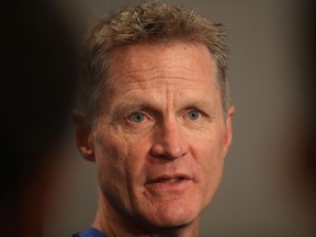 Golden State Warriors head coach Steve Kerr speaks with reporters at NBA all-star weekend in New Orleans on Feb. 17.