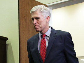 U.S. Supreme Court nominee Judge Neil Gorsuch arrives at the office of Sen. Richard Blumenthal for a meeting on Wednesday.
