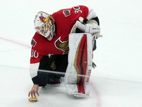 In this March 15, 2015 file photo, Ottawa Senators goalie Andrew Hammond scoops a hamburger off the ice after his team's 2-1 shootout win at home over the Philadelphia Flyers.