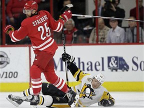 Viktor Stalberg (left) turns up ice against the Pittsburgh Penguins on Feb. 21. The Ottawa Senators acquired Stalberg from the Carolina Hurricanes on Feb. 28.