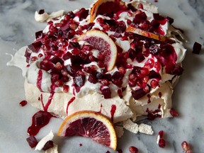 Bonnie Stern's Valentine's Day Pavlova with Candied Beets and Pomegranate.