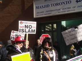 Images on social media showed protesters carrying signs with anti-Muslim slogans as worshippers were entering a Toronto mosque.