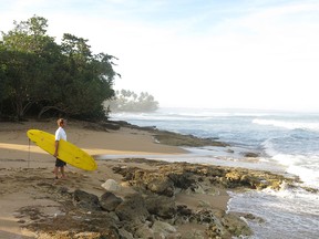 A surfer studies the waves at Wilderness Beach, in Aguadilla, a lush corner in northwest Puerto Rico.