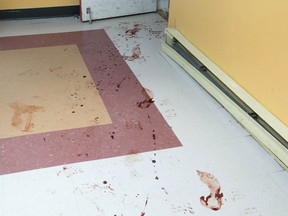 Blood stains are shown inside a Quebec City mosque on Wednesday, February 1, 2017