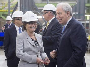 Public Services Minister Judy Foote, left, shares a light moment with Jim Irving, CEO of Irving Shipbuilding, at the Irving Shipbuilding facility in Halifax on Monday, June 13, 2016