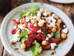 Roasted red peppers add colour and flavour to a chickpea salad in a recipe from a new vegetarian cookbook.
