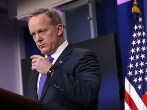 White House Press Secretary Sean Spicer  participates in a White House daily press briefing at the James Brady Press Briefing Room February 14, 2017 at the White House