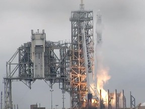 In this image from NASA TV, the SpaceX Falcon rocket launches from the Kennedy Space Center in Florida on Sunday, Feb. 19, 2017. It's carrying a load of supplies for the International Space Station.