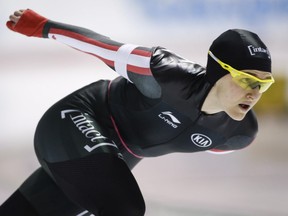 Canada's Heather McLean skates during the first women's 1000-metre competition at the ISU World Sprint Speed Skating Championships in Calgary on Feb. 25.