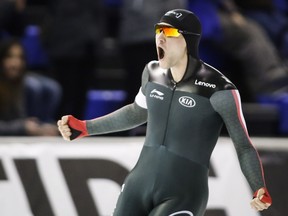 Canada's Vincent De Haitre celebrates his second place finish in the first men's 1,000-metre competition at the World Sprint Speed Skating Championships in Calgary on Saturday. De Haitre set a national record in the event.