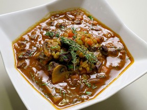 This beef and barley soup uses mushrooms, known for their umami quality, to complement the beef.
