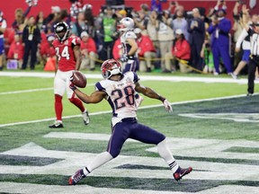 New England Patriots running back James White celebrates his Super Bowl LI-winning touchdown against the Atlanta Falcons on Feb. 5.