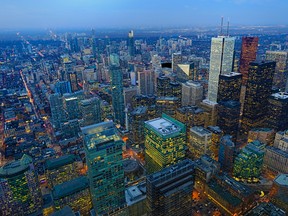 An aerial view of Toronto at night.