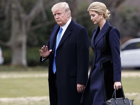 President Donald Trump, accompanied by his daughter Ivanka, waves as they walk to board Marine One on the South Lawn of the White House in Washington on Feb. 1. According to officials, Ivanka Trump, who has been a vocal advocate for policies benefiting working women, was involved in recruiting participants for a round table discussion that will be held with Justin Trudeau on Monday, Feb. 13.
