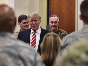 Donald Trump arrives for lunch with troops during a visit to the US Central Command  at MacDill Air Force Base on Feb. 6, 2017 in Tampa, Florida.