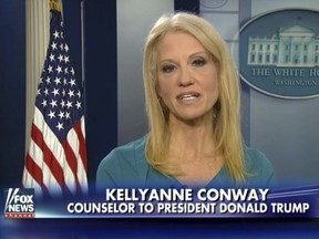 Kellyanne during her interview with Fox News Fox and Friends, Thursday, Feb. 9, 2017, when she defended Ivanka Trump's fashion company