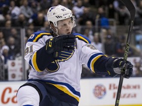 Vladimir Tarasenko of the St. Louis Blues celebrates after scoring the winning goal in overtime against the Maple Leafs in Toronto on Thursday night.