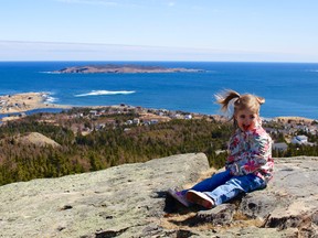 Mayor Sébastien Després' daughter at the top of the Tolt — the highest point of land in Witless Bay.