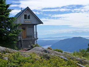A spectacular view of the Sunshine Coast and west to the Pacific Ocean is visible from the Tin Hat Hut, one of the trail's refuges.