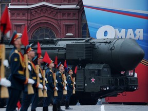 One of Russia's Topol intercontinental ballistic missile launchers rolls during Victory Day parade at the Red Square in Moscow, on May 9, 2012