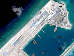 Satellite imagery from April 2, 2015  shows what is claimed to be an under-construction airstrip at Fiery Cross Reef in the Spratly Islands