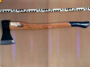 During a press conference on March 10, 2017,  police show the axe with which an attacker on Friday injured nine people.