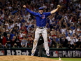 Chicago Cubs third baseman Kris Bryant leaps in the air after the final out of Game 7 of the World Series on Nov. 3, 2016.