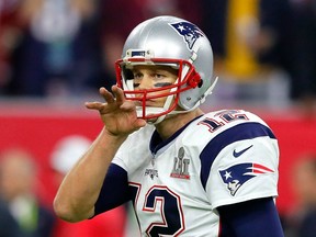 New England Patriots quarterback Tom Brady gestures during Super Bowl LI against the Atlanta Falcons on Feb. 5.