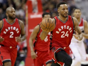 Norman Powell of the Toronto Raptors dribbles the ball against the Wizards in the first half of their game at Verizon Center in Washington on Friday night.  Powell had 21 points in the Raptors' 114-106 win.